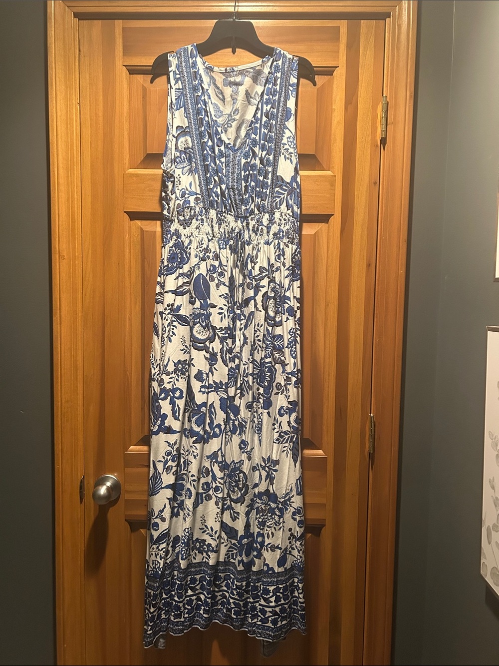 Blue & White Floral Boho Maxi Dress - Sleeveless V-Neck